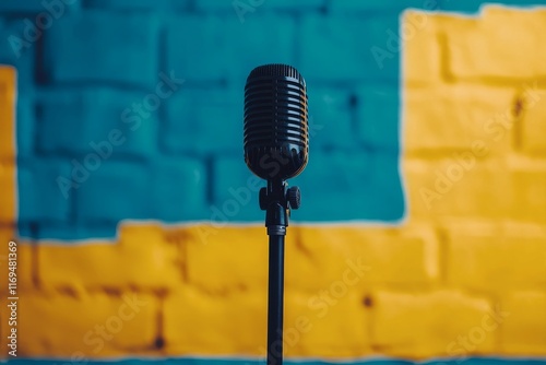Brightly colored backdrop with a microphone set up for a performance or recor...