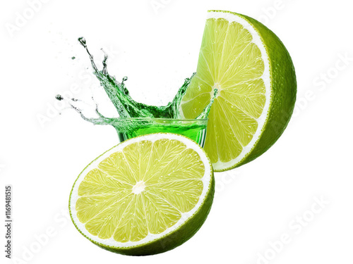 Lime Slice of lime with bright green juice splashing around, zesty and refreshing on a transparent background.