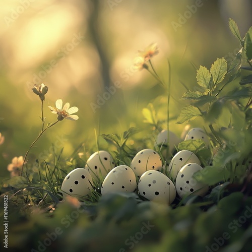 Colorful eggs hidden in lush grass with flowers during golden hour in a seren...