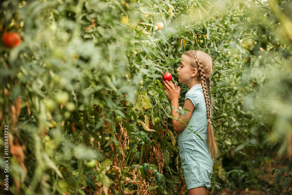 Little girls picked ripe tomatoes in greenhouse Little girls picked ripe tomatoes in greenhouse