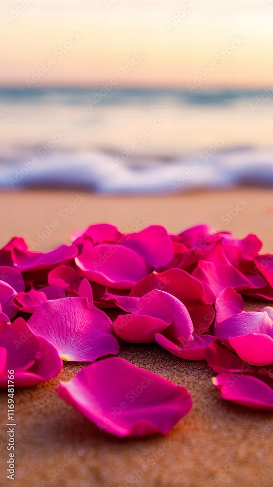 Pink rose petals scattered on a sandy beach at sunset. Romantic and serene beach scene. Pink rose petals scattered on a sandy beach at sunset. Romantic and serene beach scene.