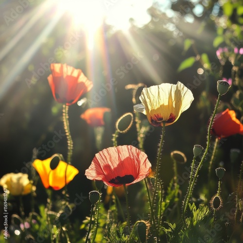 Colorful flowers blooming in sunlight during a warm spring afternoon outdoors