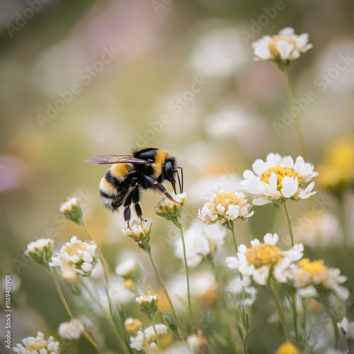 Bumblebee collecting nectar from a flower in a vibrant meadow during daytime