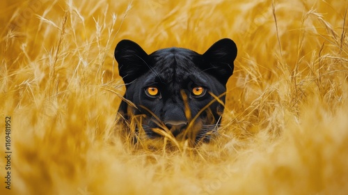 Black panther prowling through golden grass during sunset in an African savannah