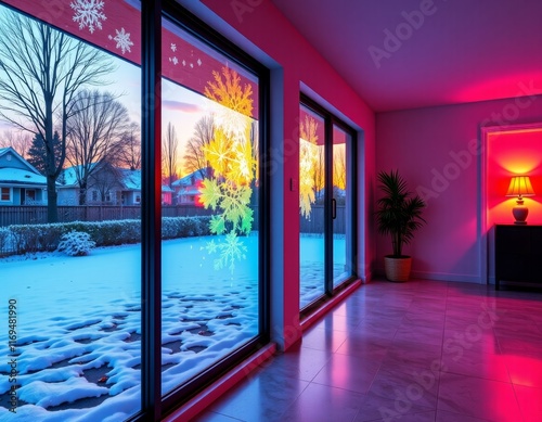 vaporwave home interior with thawing patterns on glass window, empty space for text, nostalgic ambiance for printing on a T-shirt photo