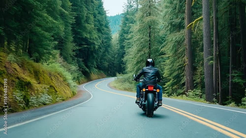 A motorcyclist experiences a serene ride along winding roads, enveloped by tall trees and vibrant foliage on a clear day A motorcyclist experiences a serene ride along winding roads, enveloped by tall trees and vibrant foliage on a clear day