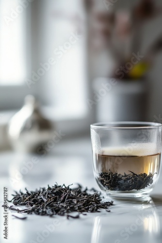 Refreshing beverage in a glass surrounded by tea leaves in a quiet outdoor se...