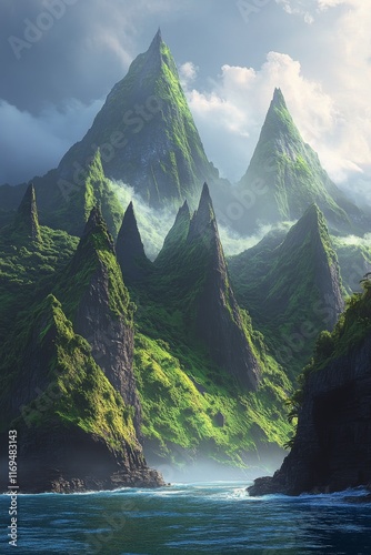 Majestic mountain peaks rise above tranquil ocean waters in a serene landscape