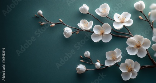 Elegant white flowers on a teal background create a tranquil and serene atmos...