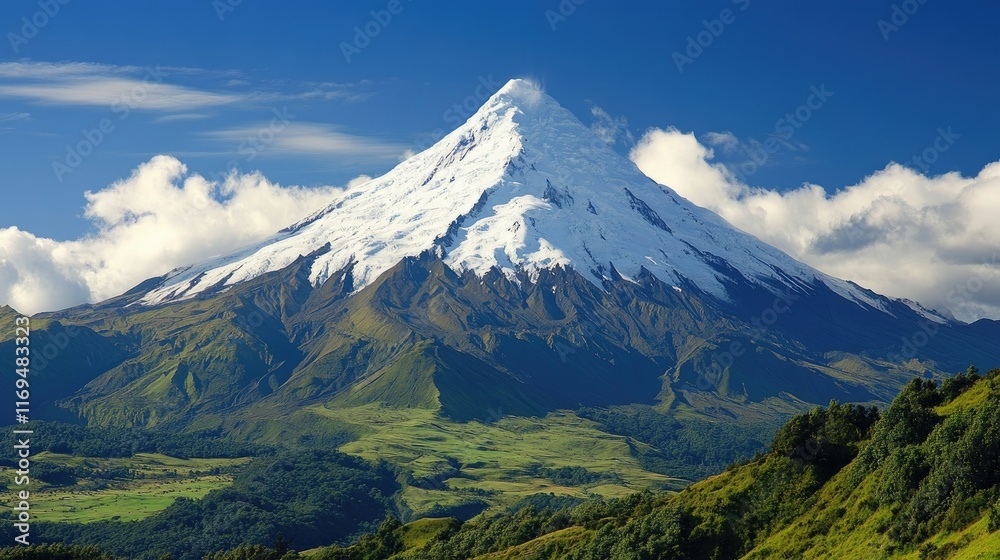 Snow-capped mountain peak towering above lush green valleys Snow-capped mountain peak towering above lush green valleys