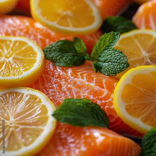 Fresh salmon fillets garnished with lemon slices and mint leaves ready for co...