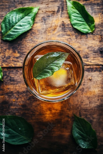 Refreshing drink with ice and fresh leaves on a wooden table top