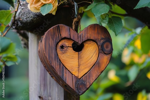 A handmade birdhouse with a unique heart-shaped design symbolizing love and care for wildlife photo