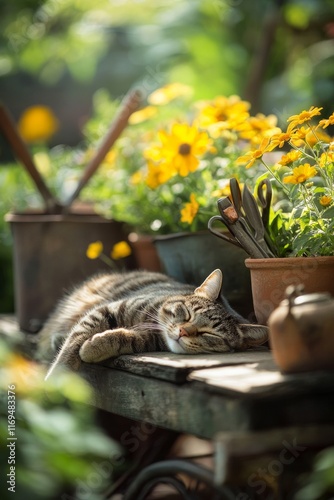 Orange cat sleeping peacefully beside sunflowers and gardening tools in a sun...