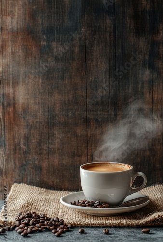 Artisan coffee served in a white cup on a rustic table with coffee beans and ...