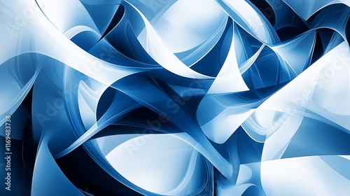 A modern blue and white abstract design featuring complex, layered shapes and vivid colors, with a high-contrast and visually engaging composition.