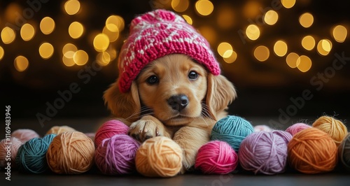 Cute puppy wearing a knitted hat and scarf surrounded by colorful yarn balls ...