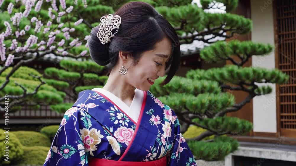 Traditional Japanese Woman in Kimono Amid Blooming Garden