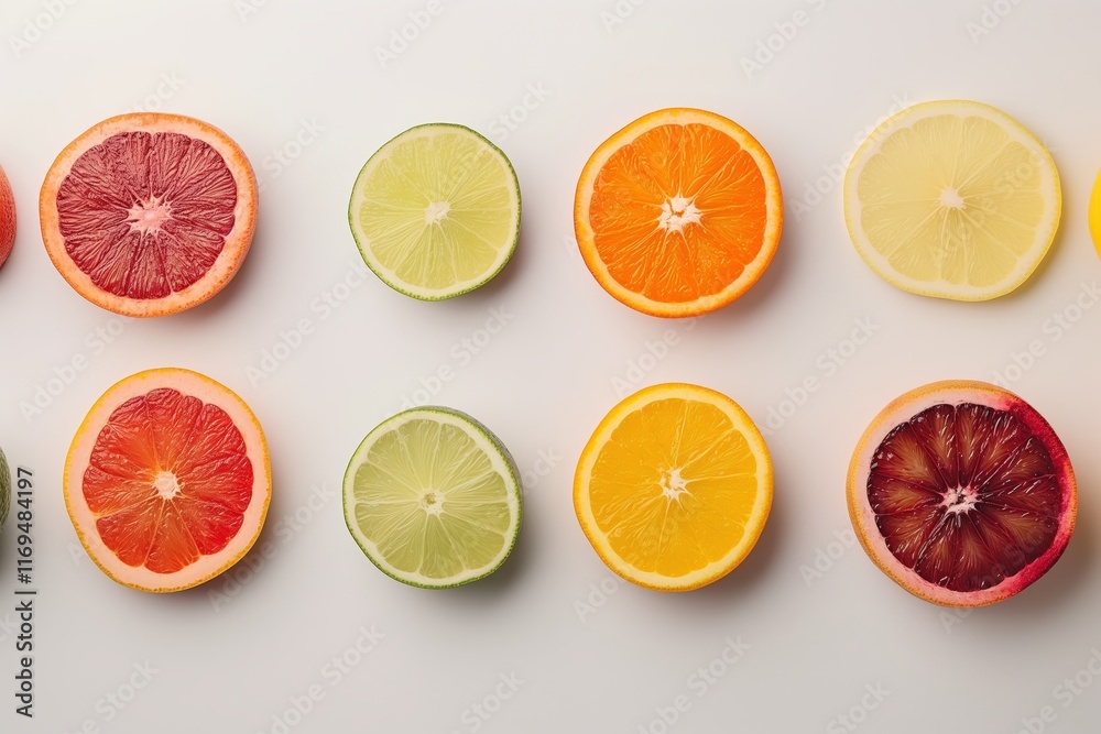 Obraz premium Colorful fruit slices composition studio food photography minimalist top view