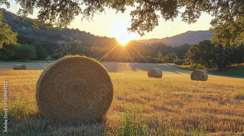 Golden sunset over rolling hills with hay bale in serene countryside landscape