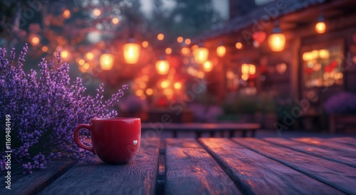 Evening gathering near a cozy cabin with lavender flowers and warm lights enh...