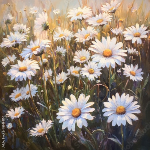 Beautiful daisy field under a soft pastel sky during early morning light in s...