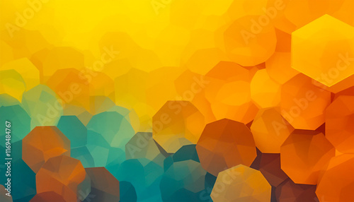 Smooth gradient background transitioning from yellow to orange, featuring overlapping geometric hexagons and circles for a vibrant and dynamic design