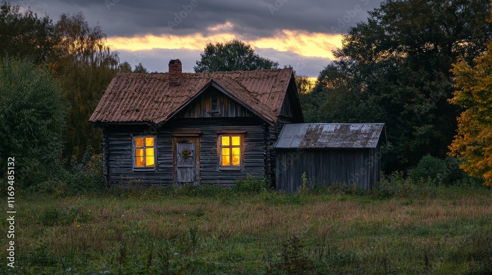 Cozy rustic wooden house with glowing windows at sunset Cozy rustic wooden house with glowing windows at sunset