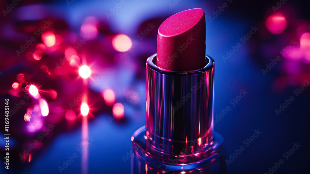 Bright pink lipstick stands out against a backdrop of shimmering purple lights and sparkles in an artistic setting Bright pink lipstick stands out against a backdrop of shimmering purple lights and sparkles in an artistic setting