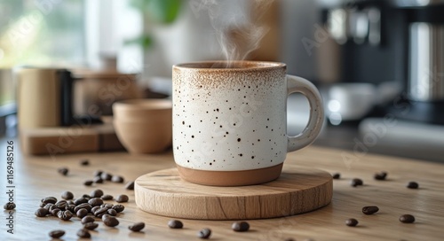 Warm coffee cup surrounded by coffee beans on rustic wooden table in cozy kit...