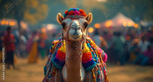 Colorful decorated camel at a lively festival with a blurred crowd in the bac...