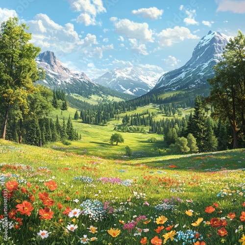 Colorful meadow landscape with mountains in the background under a bright blu...