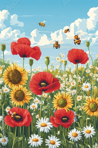 A lively field bursting with red poppies and yellow sunflowers sways gently in the breeze. Bees fly busily among the blossoms, under a clear blue sky dotted with fluffy white clouds