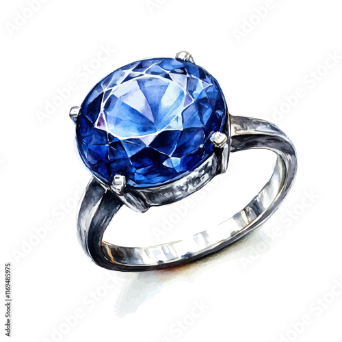 A watercolor vector painting of a classic sapphire ring, isolated on a white background. Classic sapphire ring vector.

