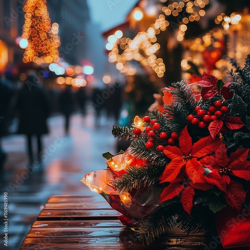 Festive holiday market showcasing vibrant poinsettias illuminated by twinklin...