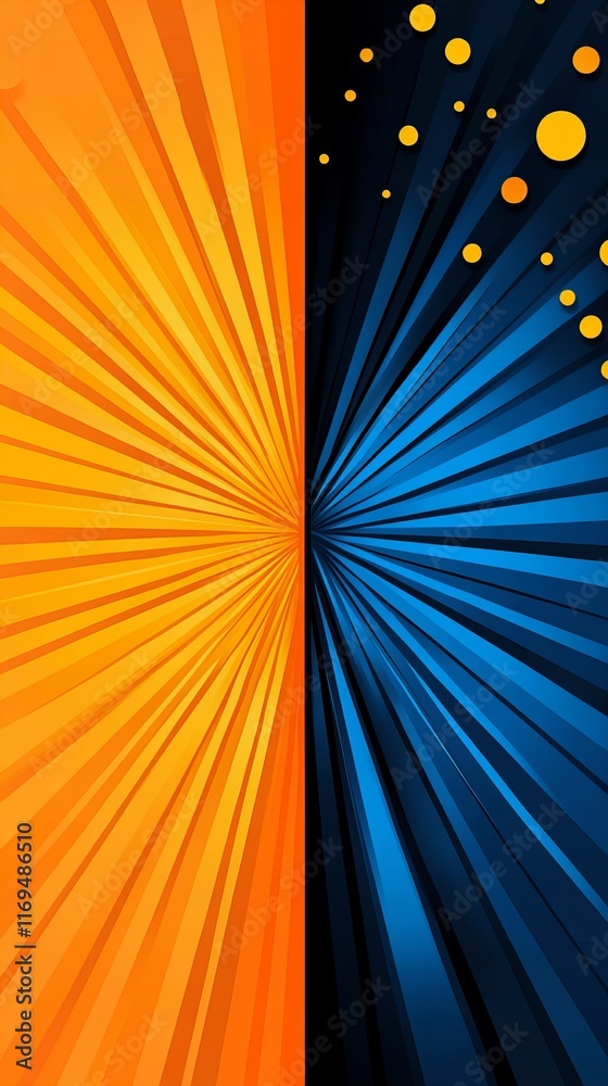 Obraz premium Vibrant abstract art featuring a striking contrast of warm oranges and cool blues. The dynamic lines create a sense of movement and energy, while the scattered yellow circles add a playful touch.