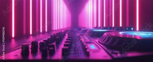 Vibrant DJ equipment illuminated by pink lights at a lively nightclub setting