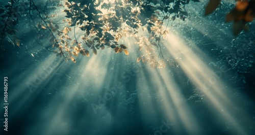 Sunlight breaking through tree branches in a tranquil forest setting