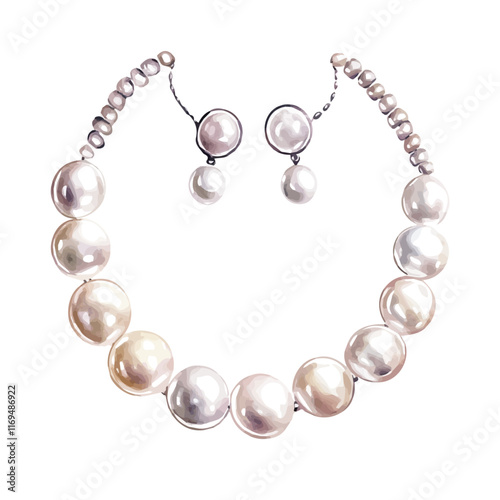 A watercolor vector painting of a classic pearl necklace and earrings set, isolated on a white background. Classic pearl jewelry set vector.



