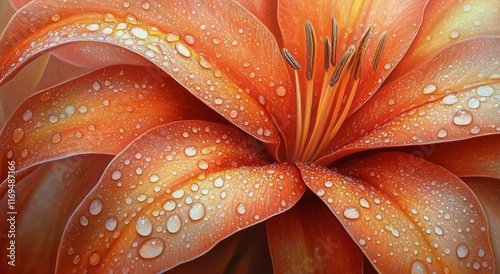 Vibrant orange lily covered in dew sparkling under warm sunlight