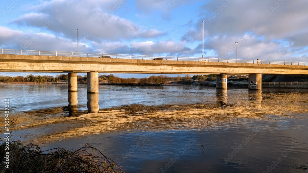 Beautiful scenery of Quincentennial Bridge over Corrib river at Galway city, Ireland, nature background