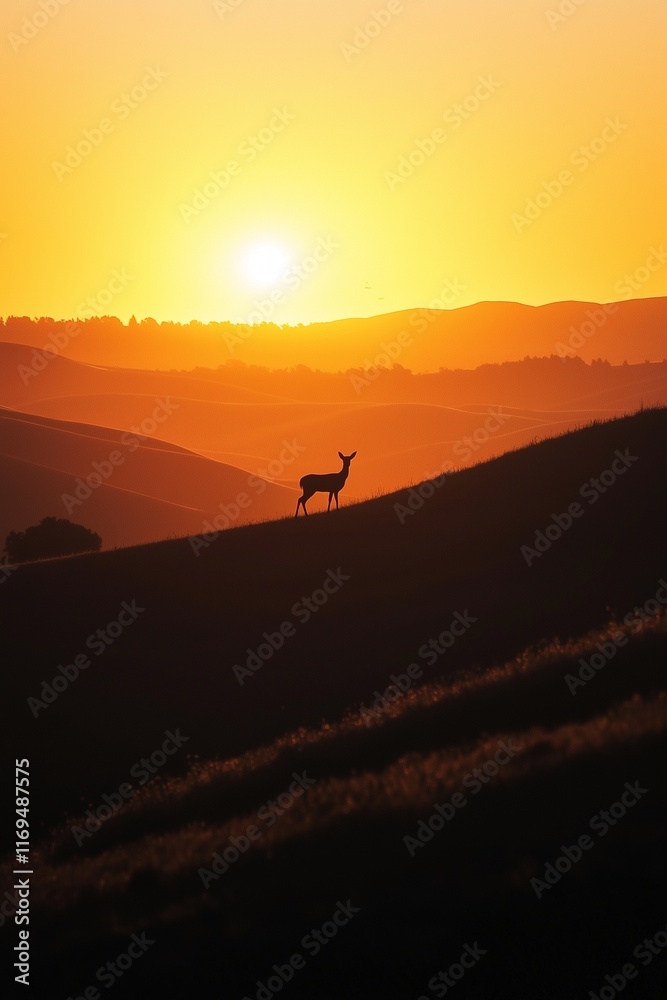 The silhouette a deer on a ridge as the sun rises behind the rolling hills. The silhouette a deer on a ridge as the sun rises behind the rolling hills.