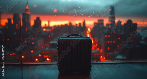 City skyline at sunset with suitcase in foreground during rain