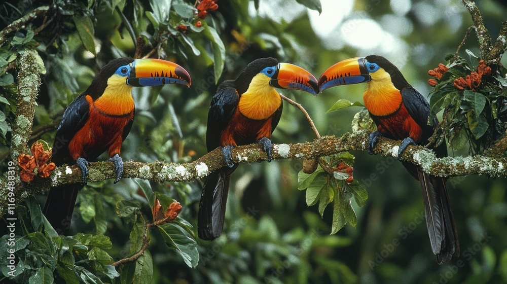 Obraz premium Three Colorful Toucans on a Branch in Lush Tropical Rainforest