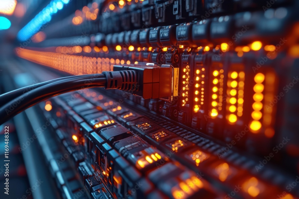 Fototapeta premium Connecting an internet cable to a network switch with data flow display and colorful panel