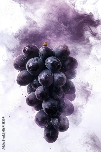 Vibrant grapes surrounded by purple smoke creating an artistic and colorful d...