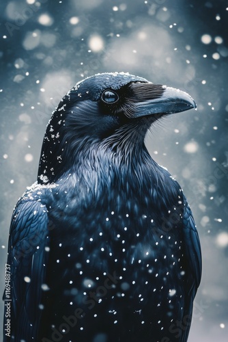 Raven perched in snowfall under dim light with detailed feathers and snowfall...