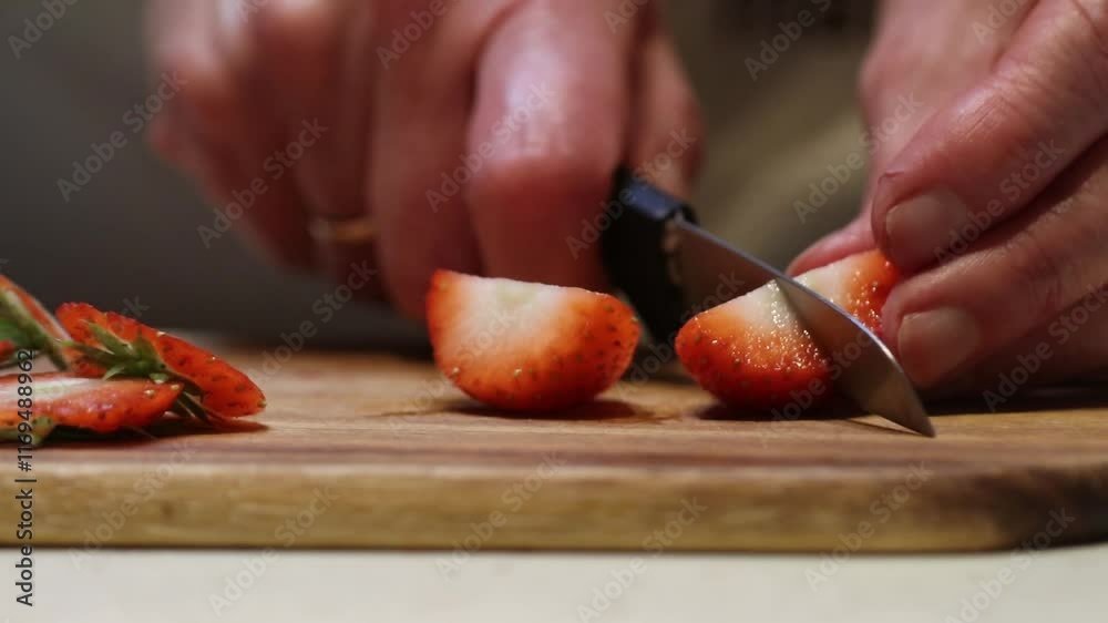 Hands use a small knife to slice a vibrant red strawberry with a white core on a wooden cutting board, with a blurred background emphasizing the focus. Hands use a small knife to slice a vibrant red strawberry with a white core on a wooden cutting board, with a blurred background emphasizing the focus.
