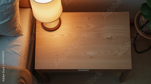 Bedside table with a lamp near the bed, top view.