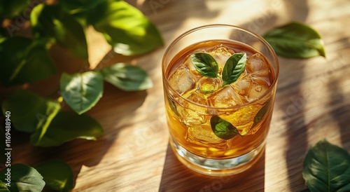 Refreshing drink with ice and herbs on wooden surface surrounded by green leaves